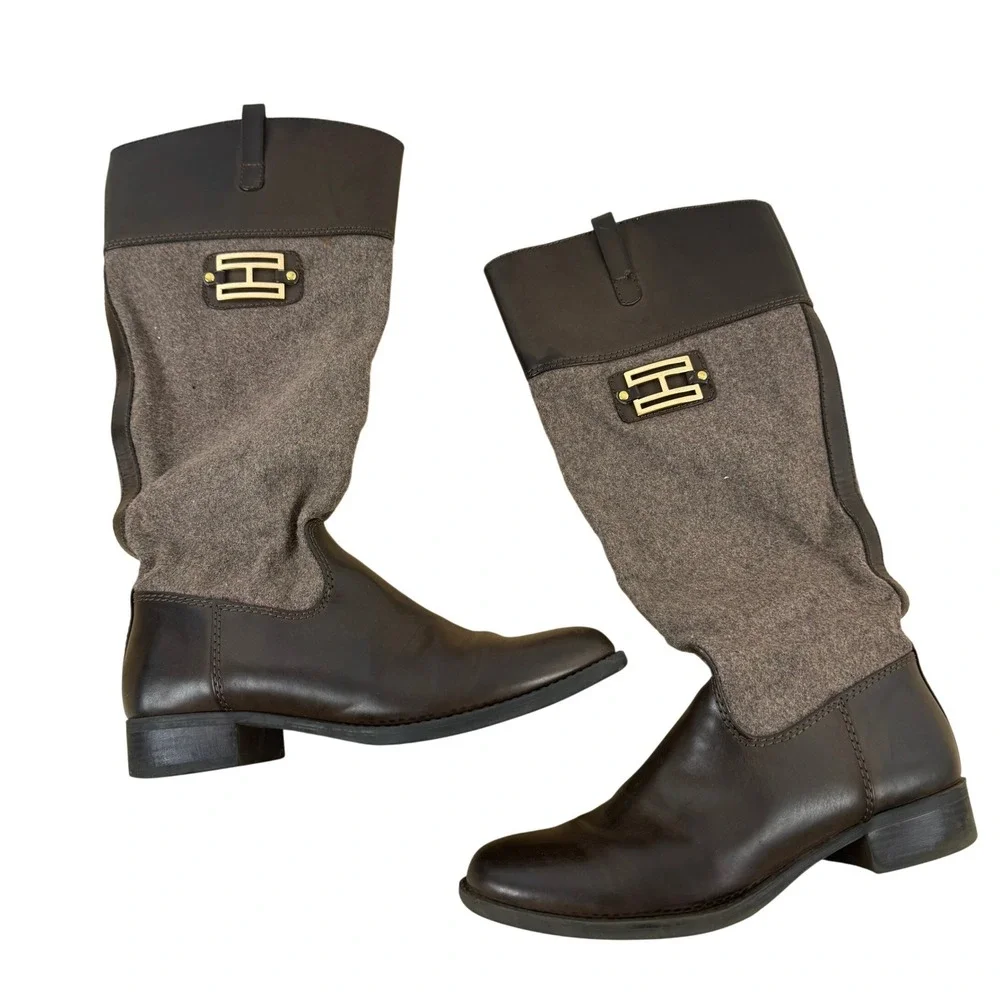 Tommy Hilfiger Women's Brown Leather Wool‎ Tall Riding Boots Size 7M